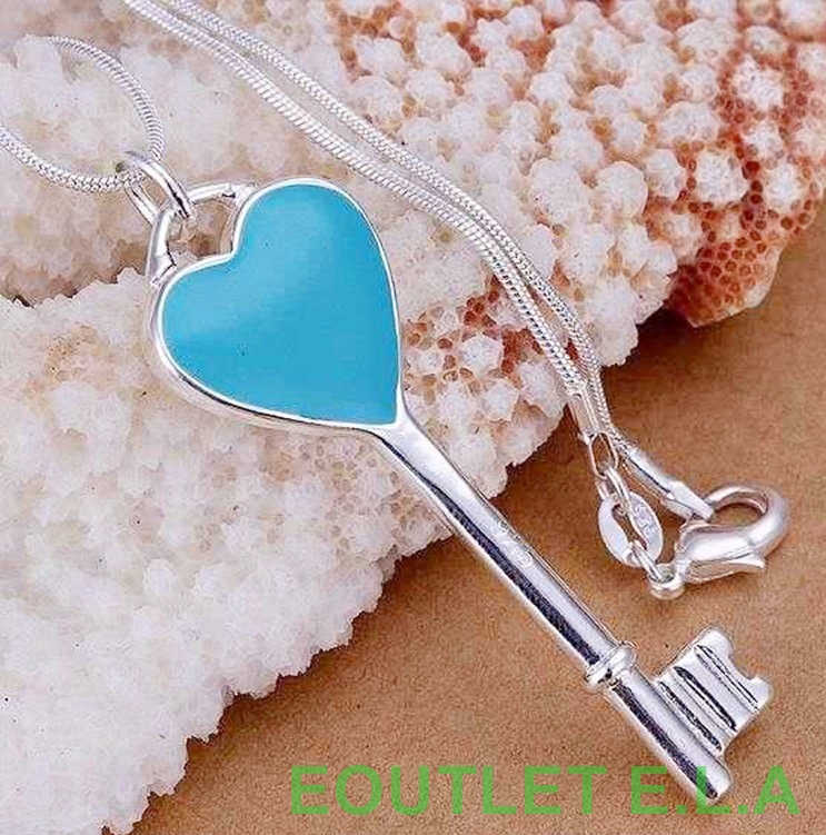 55mm BLUE ENAMEL KEY SILVER NECKLACE-46cm